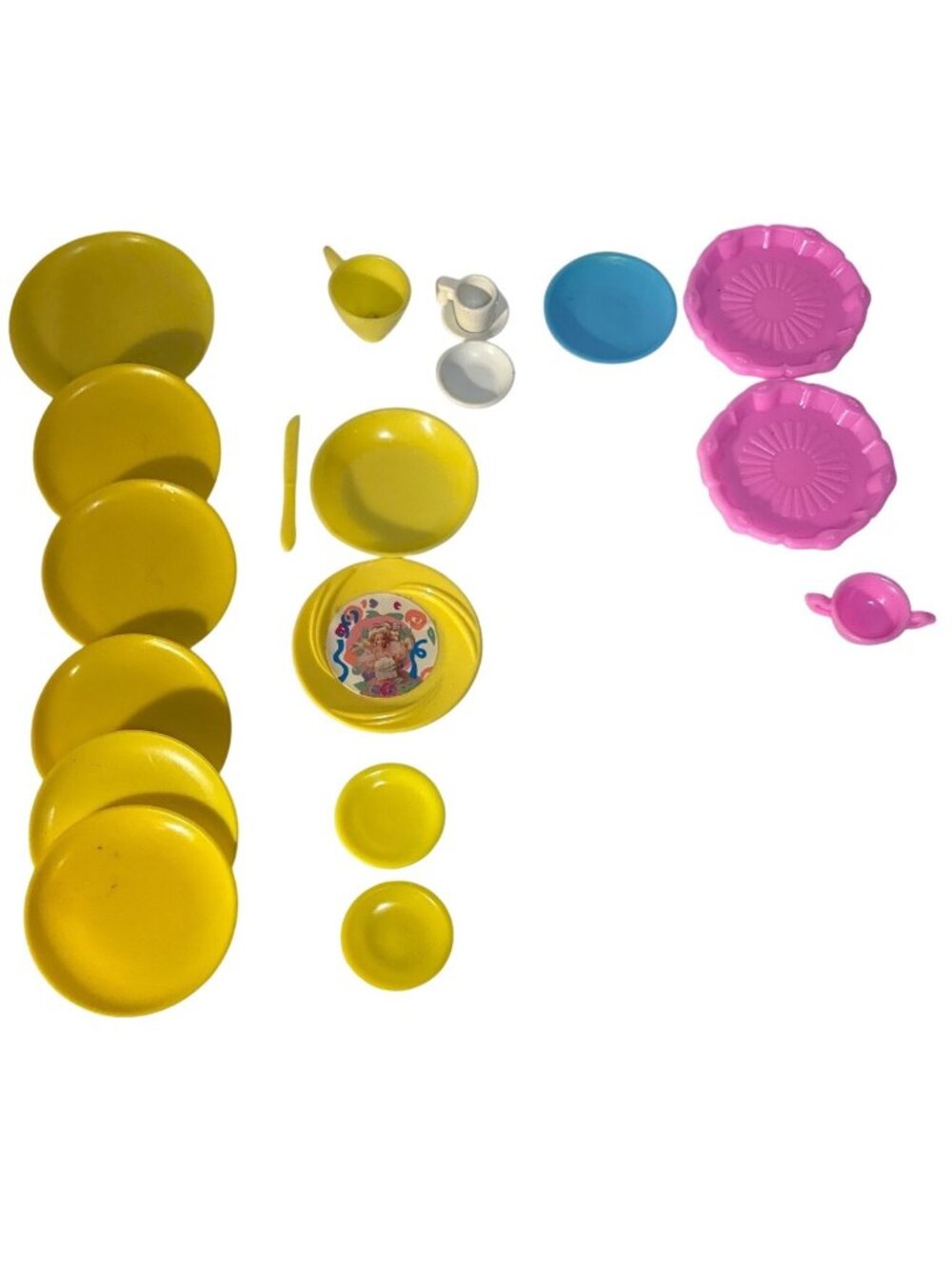 Vintage Childrens Plastic Tea Party Set Plates Cups Yellow Pink & Blue 18 Pcs